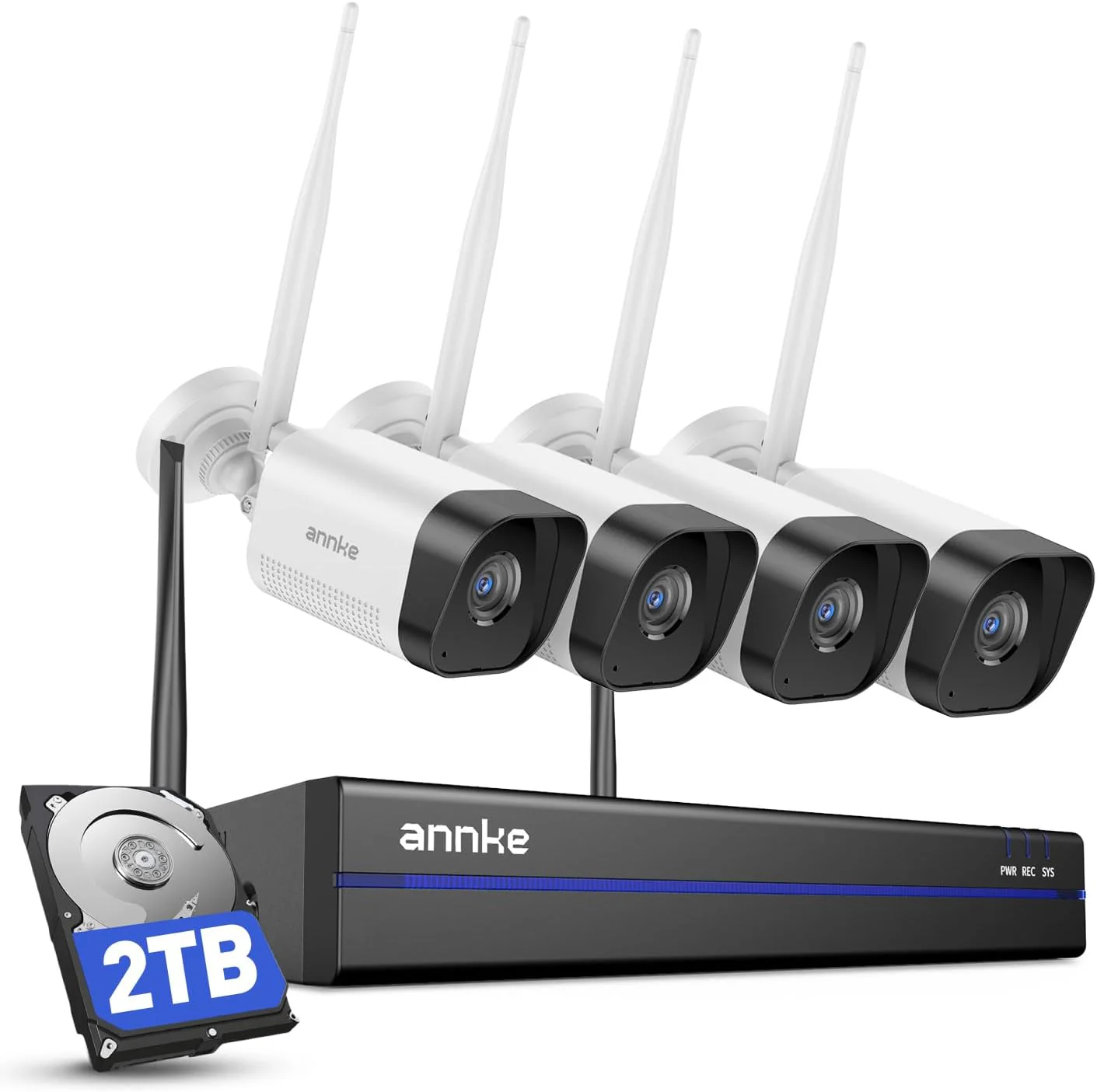 ANNKE 3K Wireless Security Camera System, 10CH NVR CCTV System with 2TB HDD and 4X 5MP Security Cameras Outdoor, 100ft Night Vision, Two Way Audio, Human Detection, 24/7 Recording, IP67 Weatherproof