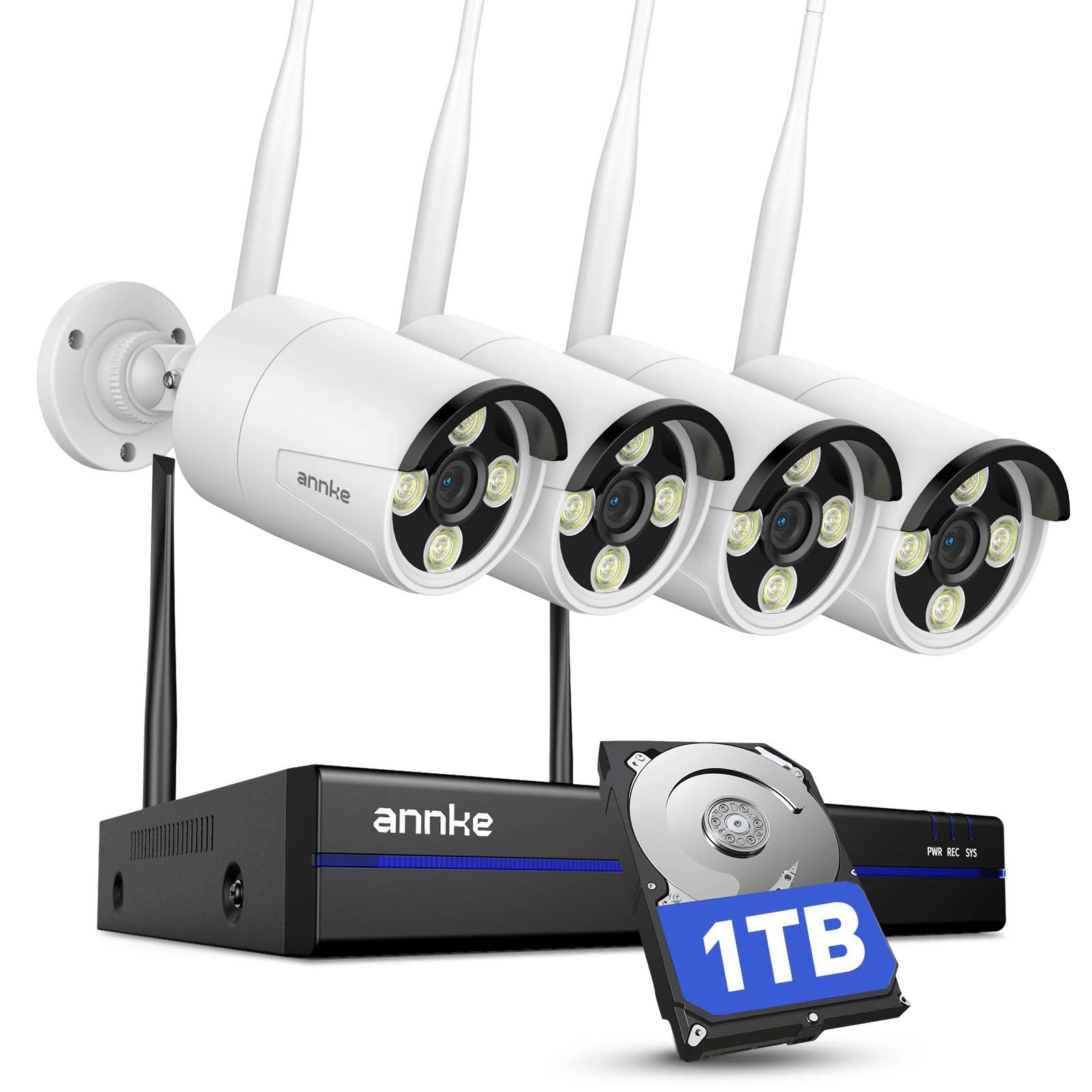ANNKE 4K 16CH Wireless CCTV Camera System, 4pcs 2K Metal Security Camera Outdoor with Color Night Vision, 1TB HDD for 24/7 Recording, 5G & 2.4G WiFi, Two Way Audio, Human Detection, Alarm Lights, IP67