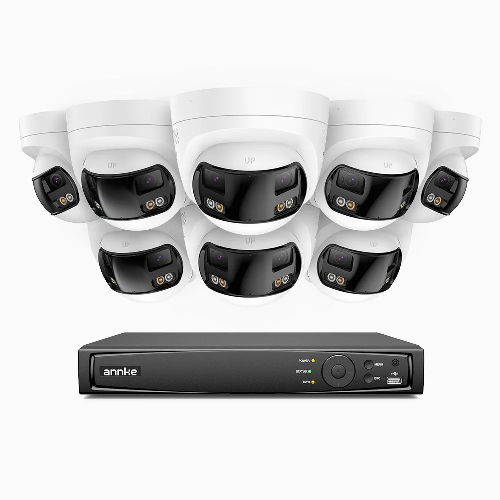 FDH800 - 16 Channel PoE Security System with 8 X 8MP UHD Dual Lens Cameras, 180° Panoramic View, Smart Dual Light Night Vision, Two-Way Audio, Active Siren & Alarm, Human & Vehicle Detection, IP67
