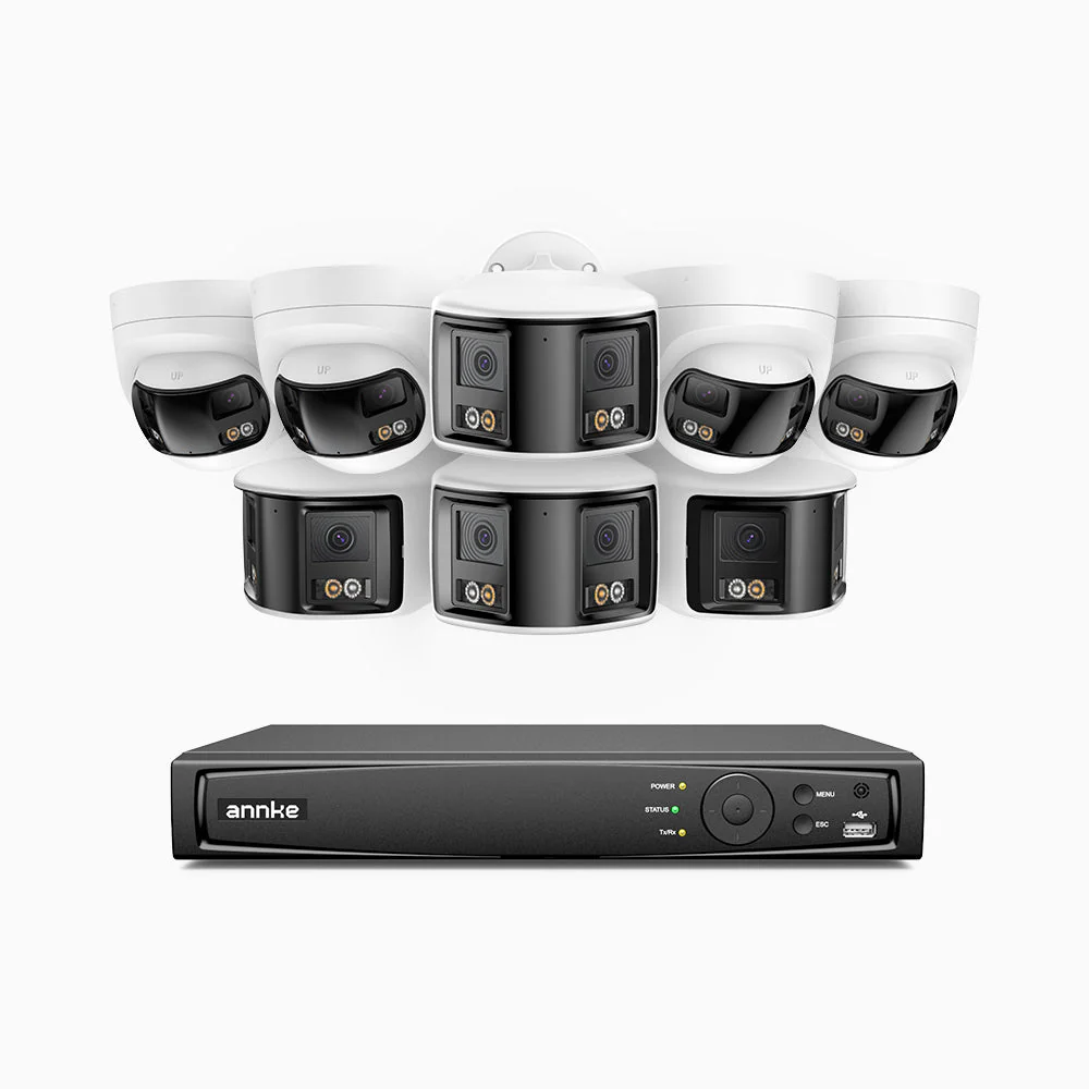 FDH800 - 8 Channel PoE Security System with 4 Bullet & 4 Turret 8MP UHD Dual Lens Cameras, 180° Panoramic View, Smart Dual Light Night Vision, Two-Way Audio, Active Siren & Alarm, Human & Vehicle Detection, IP67