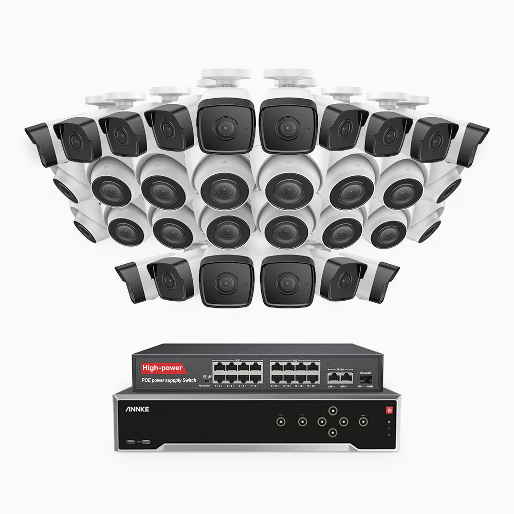 H500 - 5MP 32 Channel PoE Security CCTV System with 16 Bullet & 16 Turret Cameras, EXIR 2.0 Night Vision, Built-in Mic & SD Card Slot, Works with Alexa, 16-Port PoE Switch Included, IP67