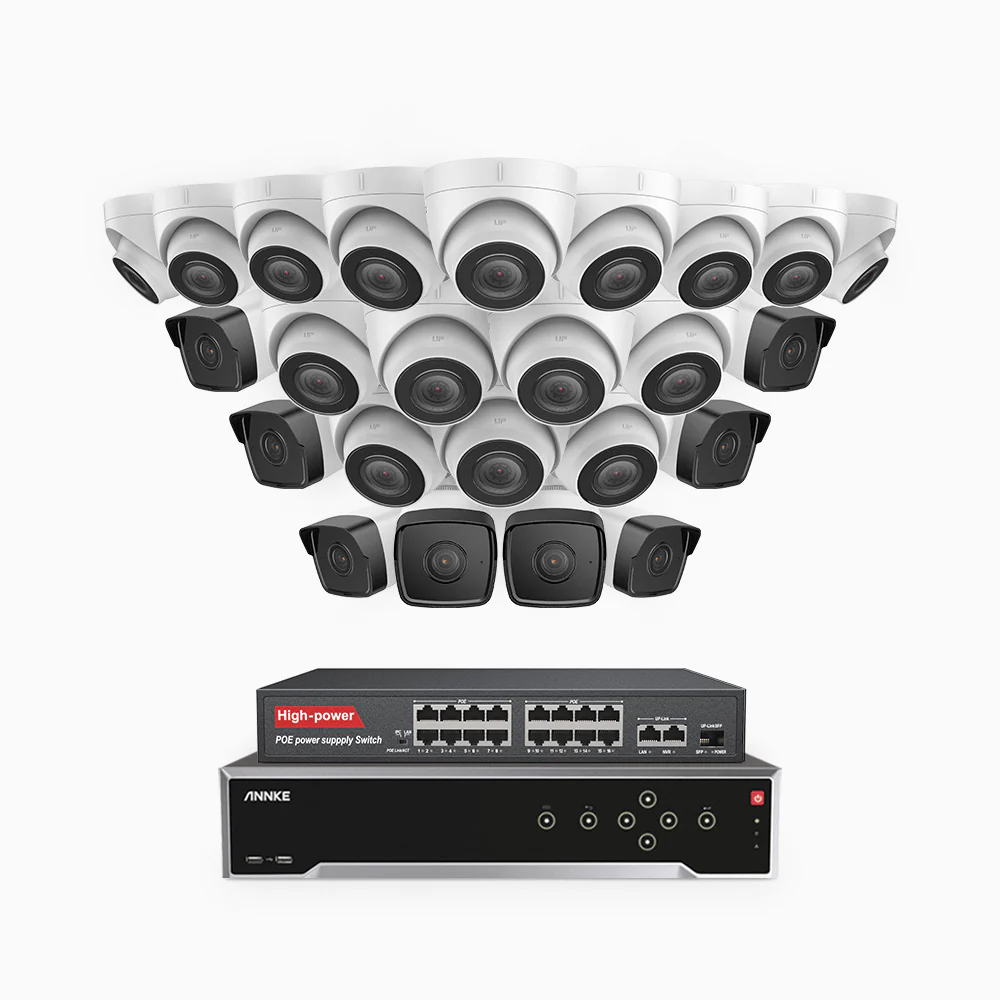 H500 - 5MP 32 Channel PoE Security CCTV System with 8 Bullet & 16 Turret Cameras, EXIR 2.0 Night Vision, Built-in Mic & SD Card Slot, Works with Alexa, 16-Port PoE Switch Included, IP67