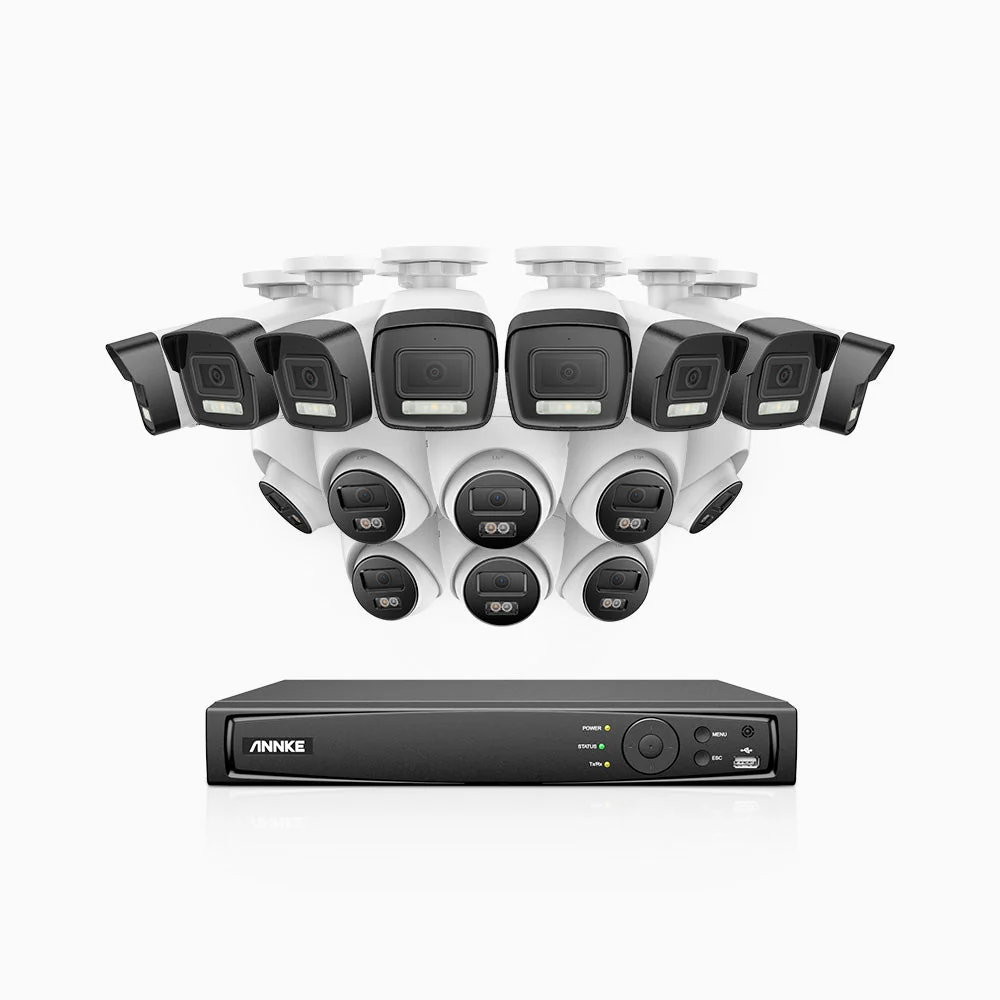 H500P - 3K 16 Channel PoE Security System with 8 Bullet & 8 Turret Cameras, Colour & IR Night Vision, 3072*1728 Resolution, f/1.6 Aperture (0.005 Lux), Human & Vehicle Detection, Built-in Microphone, IP67