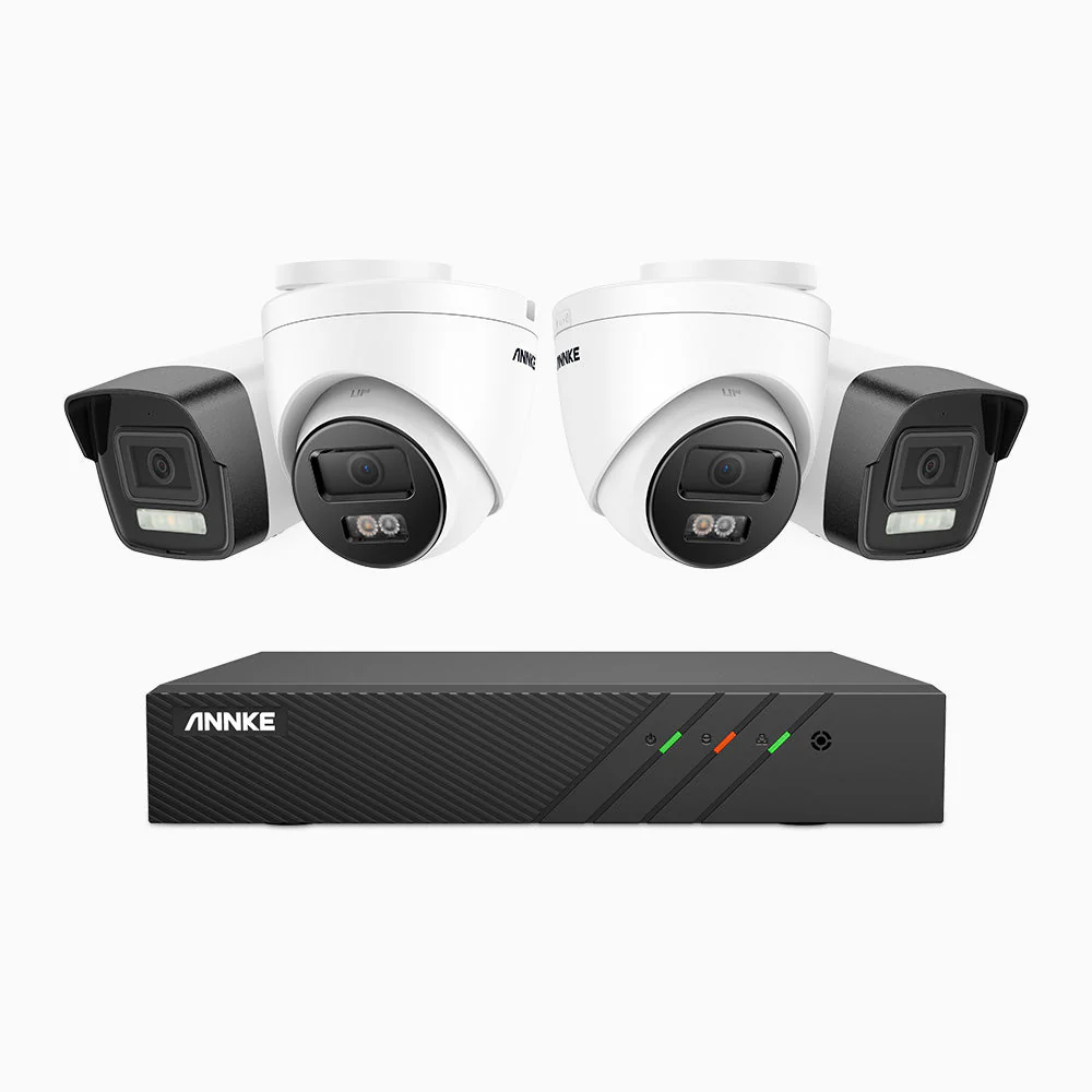 H500P - 3K 8 Channel PoE Security System with 2 Bullet & 2 Turret Cameras, Colour & IR Night Vision, 3072*1728 Resolution, f/1.6 Aperture (0.005 Lux), Human & Vehicle Detection, Built-in Microphone, IP67