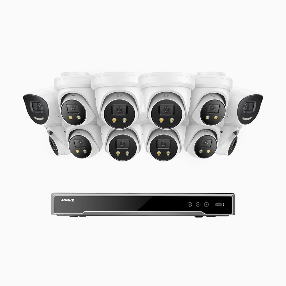 H800X - 4K 16 Channel PoE Security System with 2 Bullet & 10 Turret Cameras, 1/1.8'' BSI Sensor, f/1.6 Aperture (0.003 Lux), Siren & Strobe Alarm, 2CH 4K Decoding Capability, Human & Vehicle Detection, Perimeter Protection, All-Metal Housing