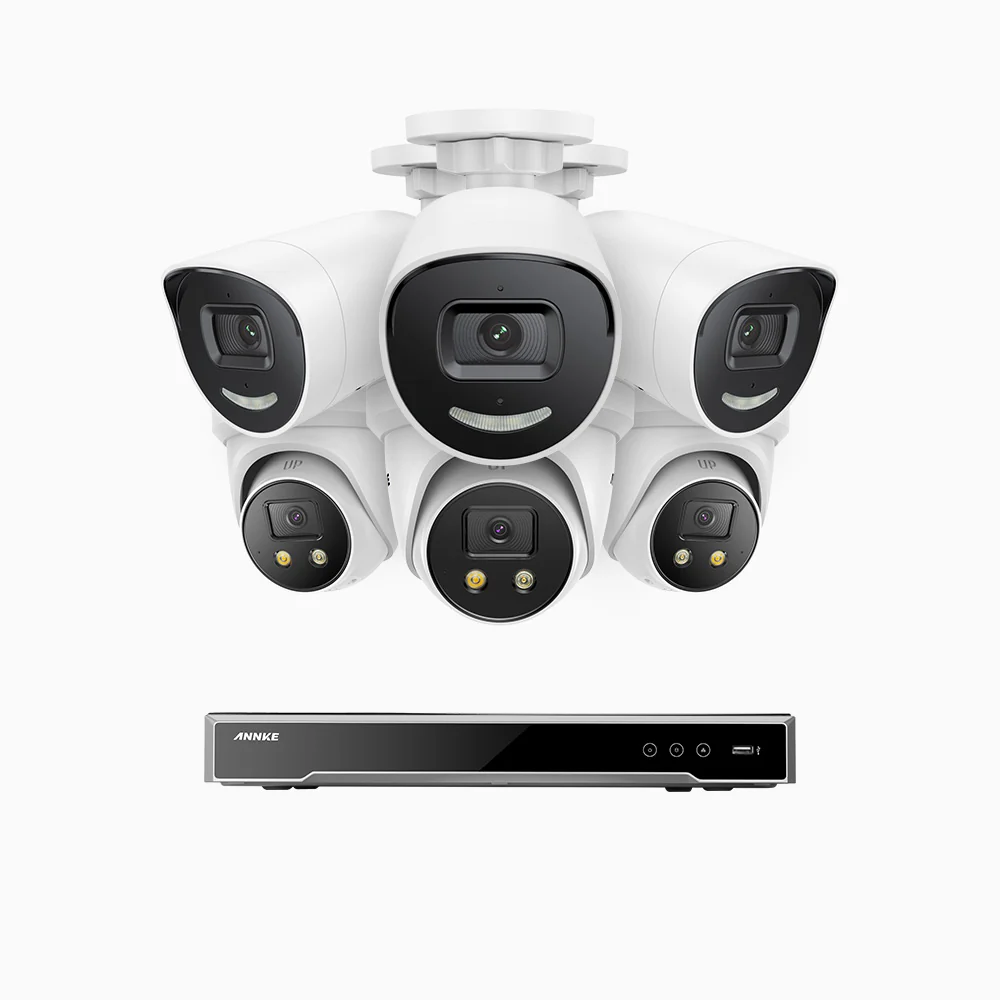 H800X - 4K 16 Channel PoE Security System with 3 Bullet & 3 Turret Cameras, 1/1.8'' BSI Sensor, f/1.6 Aperture (0.003 Lux), Siren & Strobe Alarm, 2CH 4K Decoding Capability, Human & Vehicle Detection, Perimeter Protection, All-Metal Housing