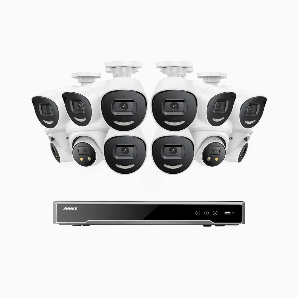H800X - 4K 16 Channel PoE Security System with 8 Bullet & 4 Turret Cameras, 1/1.8'' BSI Sensor, f/1.6 Aperture (0.003 Lux), Siren & Strobe Alarm, 2CH 4K Decoding Capability, Human & Vehicle Detection, Perimeter Protection, All-Metal Housing