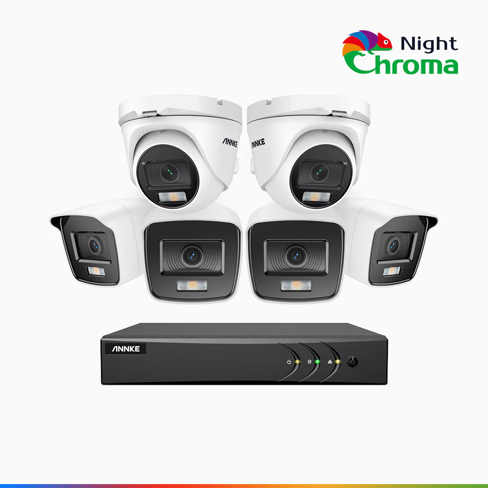 NightChroma<sup>TM</sup> NAK200 - 1080P 8 Channel Wired CCTV System with 4 Bullet & 2 Turret Cameras, Acme Colour Night Vision, f/1.0 Super Aperture, 0.001 Lux, 121° FoV, Active Alignment