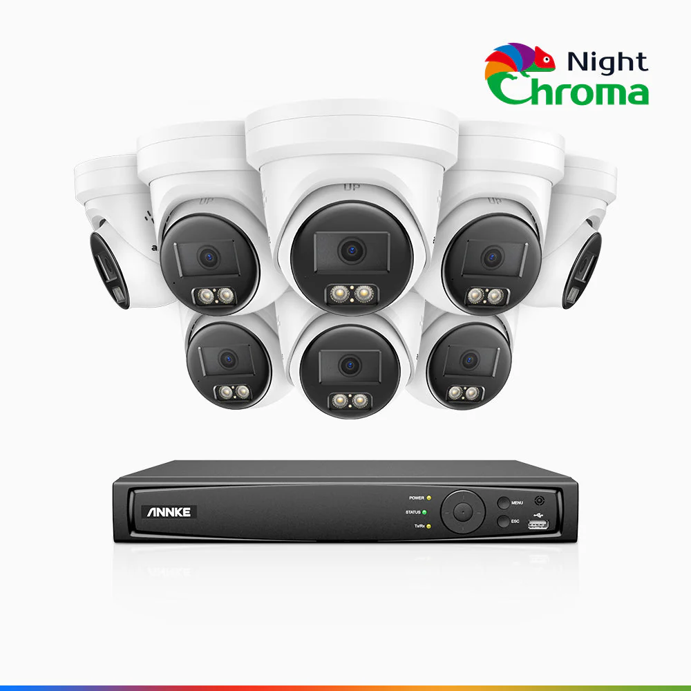 NightChroma<sup>TM</sup> NBRK800 - 4K  8 Channel 8 Cameras Outdoor PoE Security  System, Red Blue Flashing Lights & Siren, 3840*2160@25 fps, Acme Color & IR Night Vision, Human & Vehicle Detection, Two-Way Audio, IP67 Weatherproof, All-Metal Housing