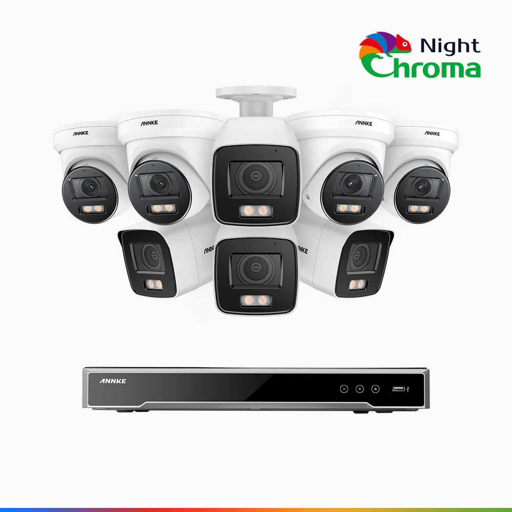 NightChroma<sup>TM</sup> NCK800 – 4K 16 Channel PoE Security System with 4 Bullet & 4 Turret Cameras, f/1.0 Super Aperture, Colour Night Vision, 2CH 4K Decoding Capability, Human & Vehicle Detection, Intelligent Behavior Analysis, Built-in Mic, 124° FoV