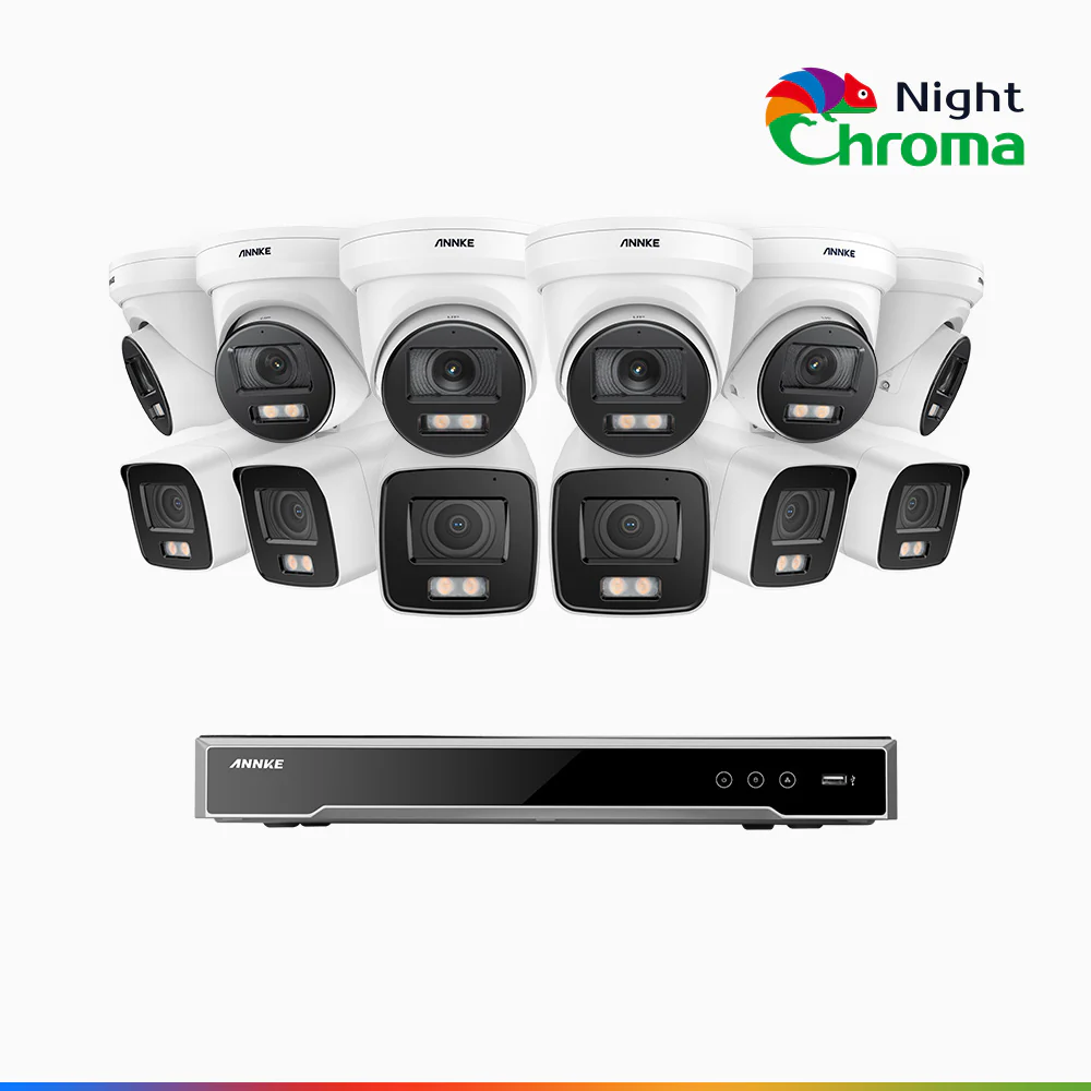NightChroma<sup>TM</sup> NCK800 – 4K 16 Channel PoE Security System with 6 Bullet & 6 Turret Cameras, f/1.0 Super Aperture, Colour Night Vision, 2CH 4K Decoding Capability, Human & Vehicle Detection, Intelligent Behavior Analysis, Built-in Mic, 124° FoV