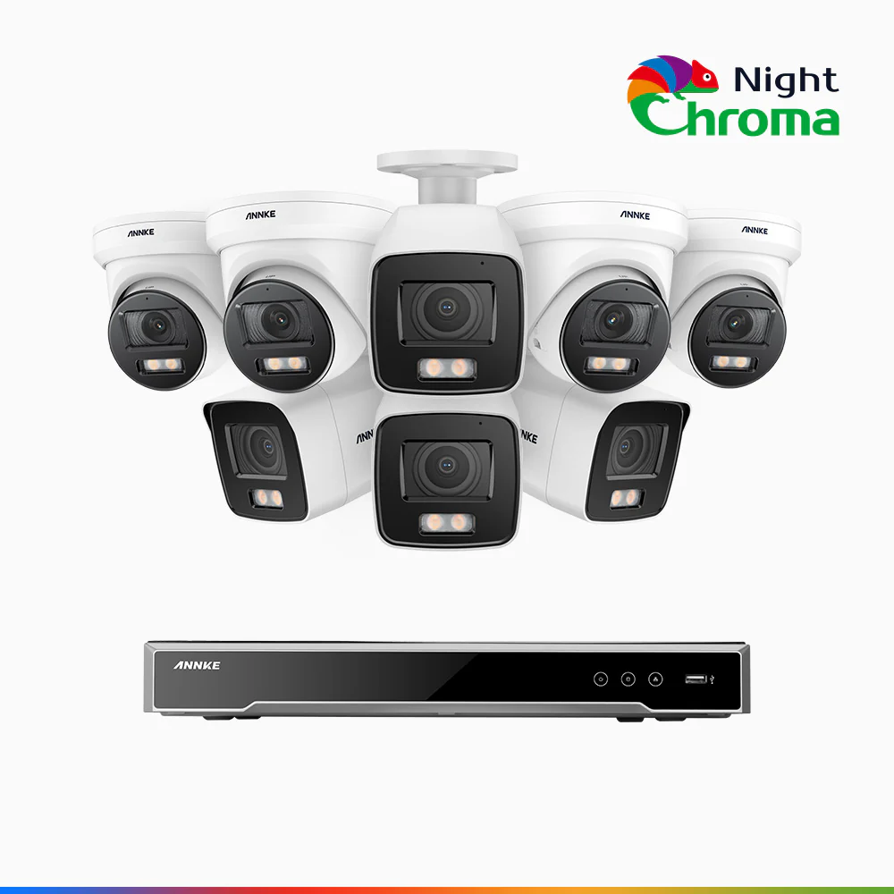 NightChroma<sup>TM</sup> NCK800 – 4K 8 Channel PoE Security System with 4 Bullet & 4 Turret Cameras, f/1.0 Super Aperture, Colour Night Vision, 2CH 4K Decoding Capability, Human & Vehicle Detection, Intelligent Behavior Analysis, Built-in Mic, 124° FoV